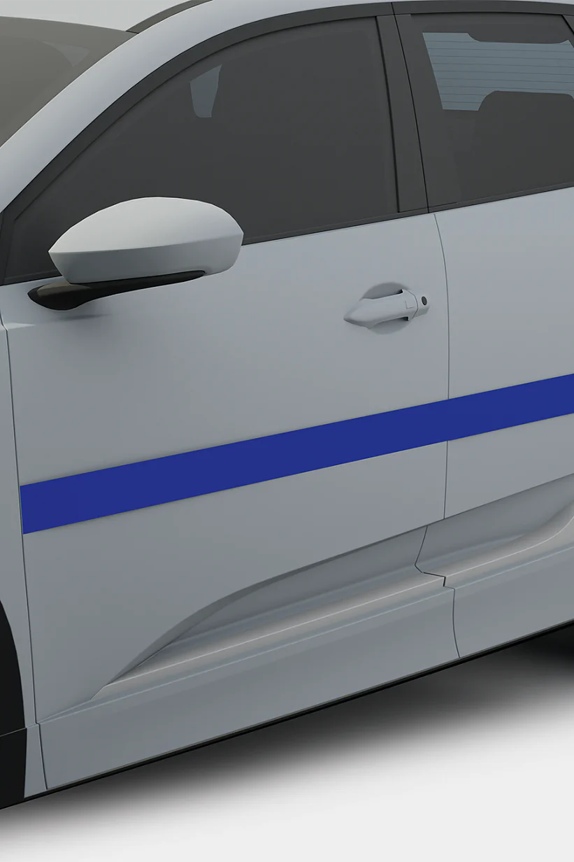 A close-up view of the side of a silver car, showcasing the drivers door, rearview mirror, and wheels. The car has a blue stripe, created with tesa tape, running horizontally along the side. (This text has been generated by AI)