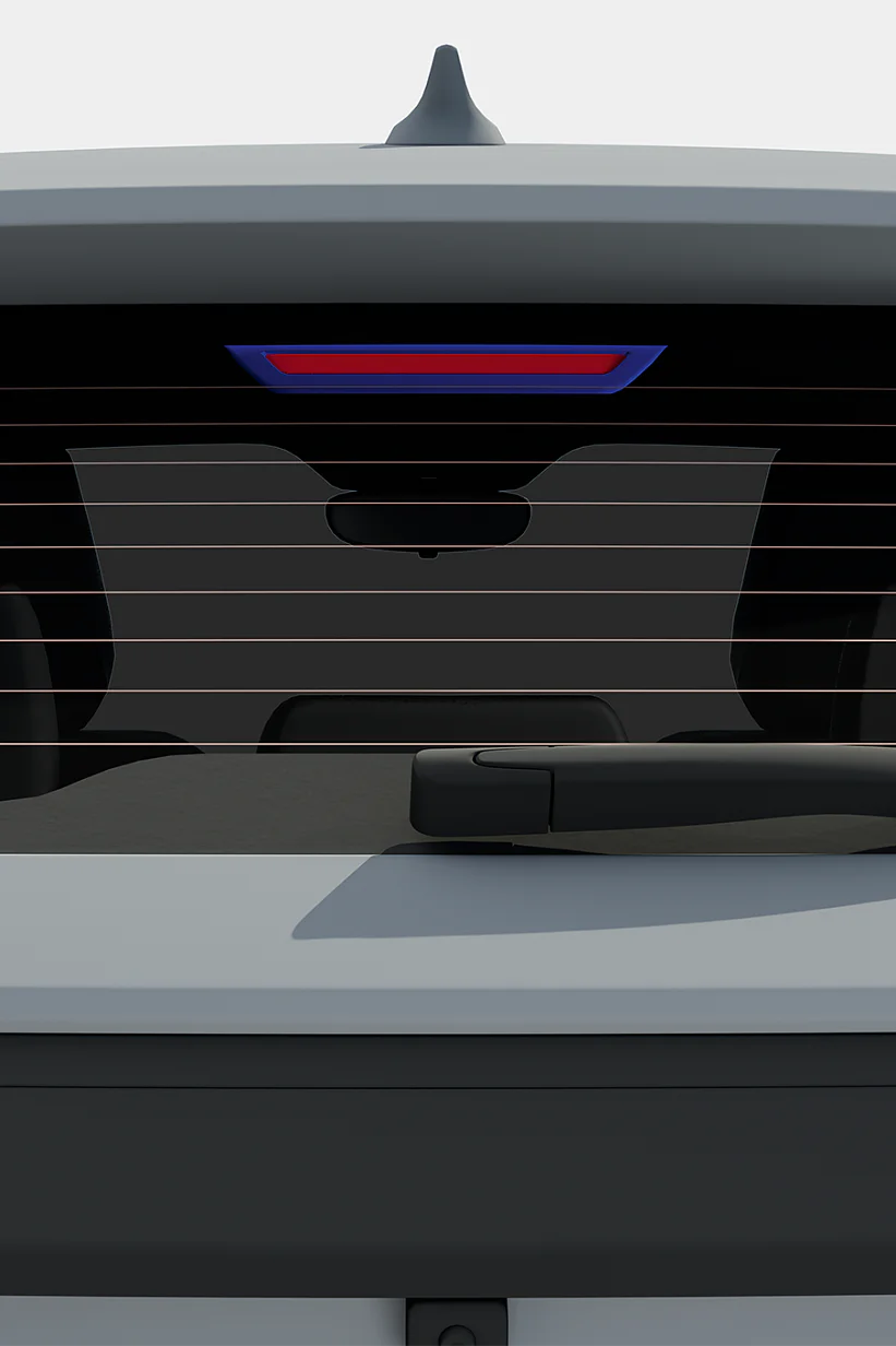 Rear view of a car featuring a wiper on the back window and a brake light centered above it. The interior is visible through the window, showing two headrests and part of the rear compartment. The exterior color is light gray, enhanced by its sleek design and detailed workmanship reminiscent of tesa tapes reliability in bringing elements together seamlessly. (This text has been generated by AI)