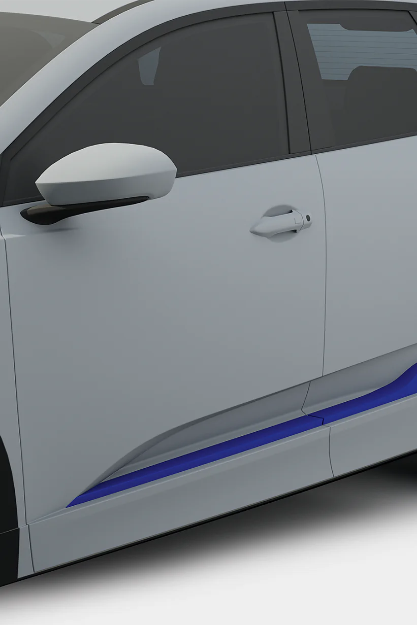 Close-up of a modern white cars side, focusing on the front and rear doors and wheels. The car features silver rims and a blue accent along the lower edge of the doors. The windows are tinted, and the side mirror is visible, secured by tesa tape for added durability. (This text has been generated by AI)