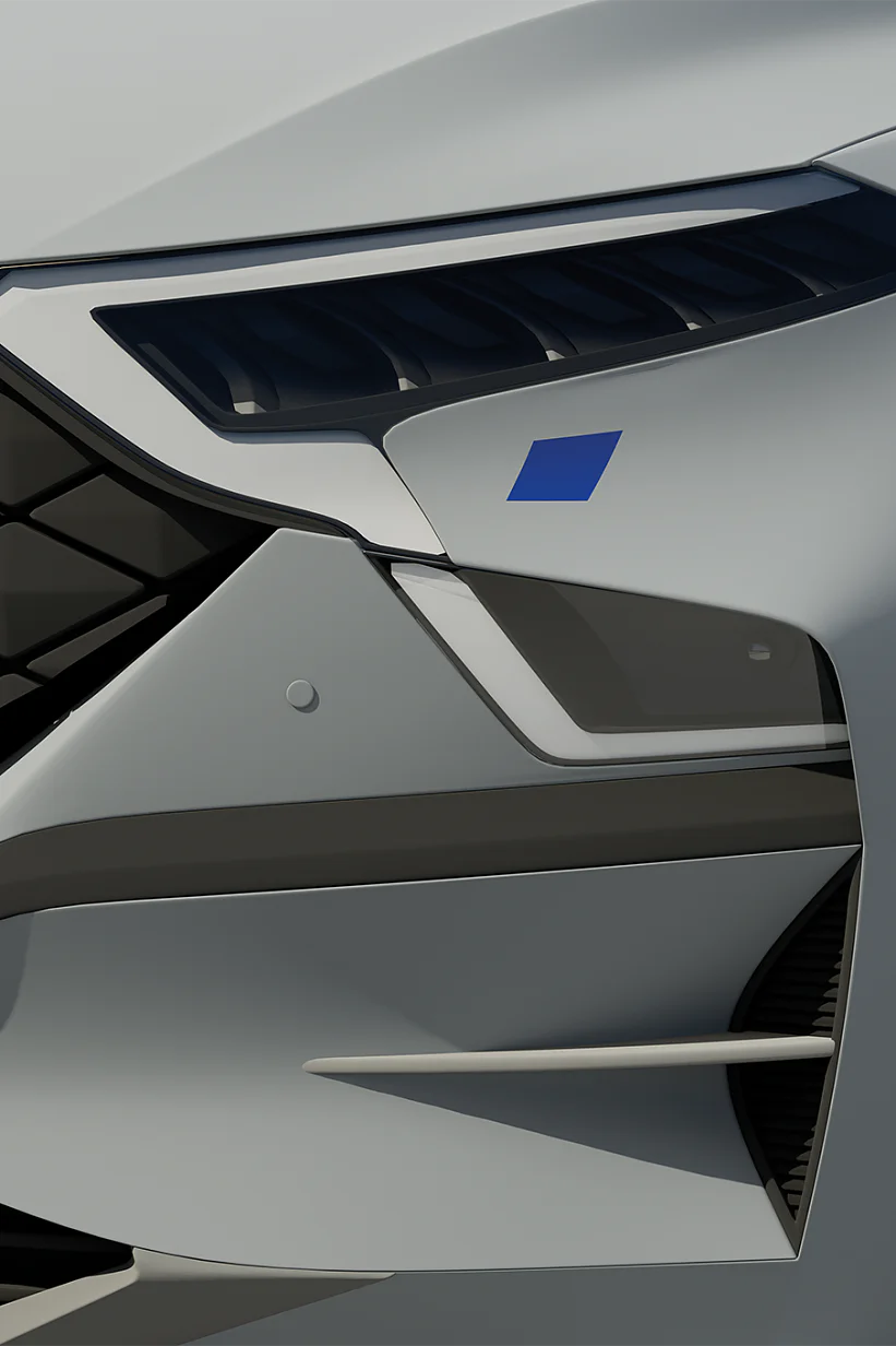Close-up of a cars front, showing a sleek headlight, part of a black grille with a diamond pattern, and a small blue square on the silver body. The design features sharp angles and modern styling. (This text has been generated by AI)