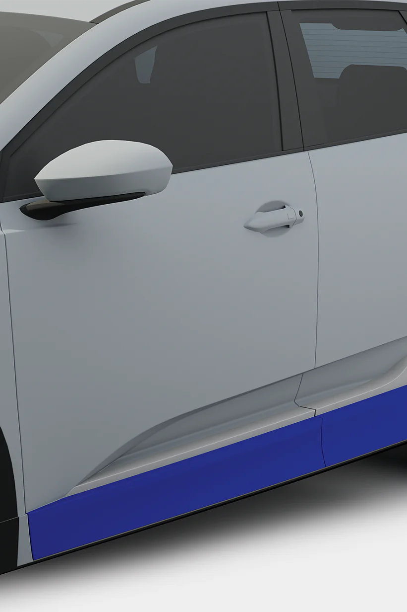 A close-up view of the side of a white SUV with five-spoke alloy wheels. The vehicle features a blue tesa tape accent strip along the bottom of the door. The side mirror and door handle are visible. (This text has been generated by AI)