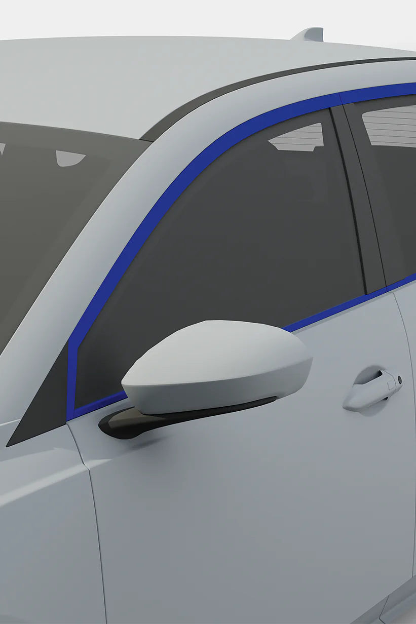 Close-up of the side of a white car showing the driver-side windows. The car has tinted windows and a blue accent running along the window frames. The side mirror is visible, and the car is parked with no occupants. (This text has been generated by AI)