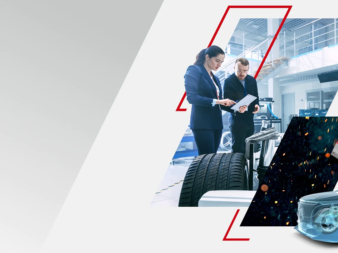 Two people in business attire stand in a modern office near tires, examining documents. Beside them are overlaid images of tire treads and a transparent car showing internal components, with the added detail of using tesa tape for assembling or securing these parts. (This text has been generated by AI)